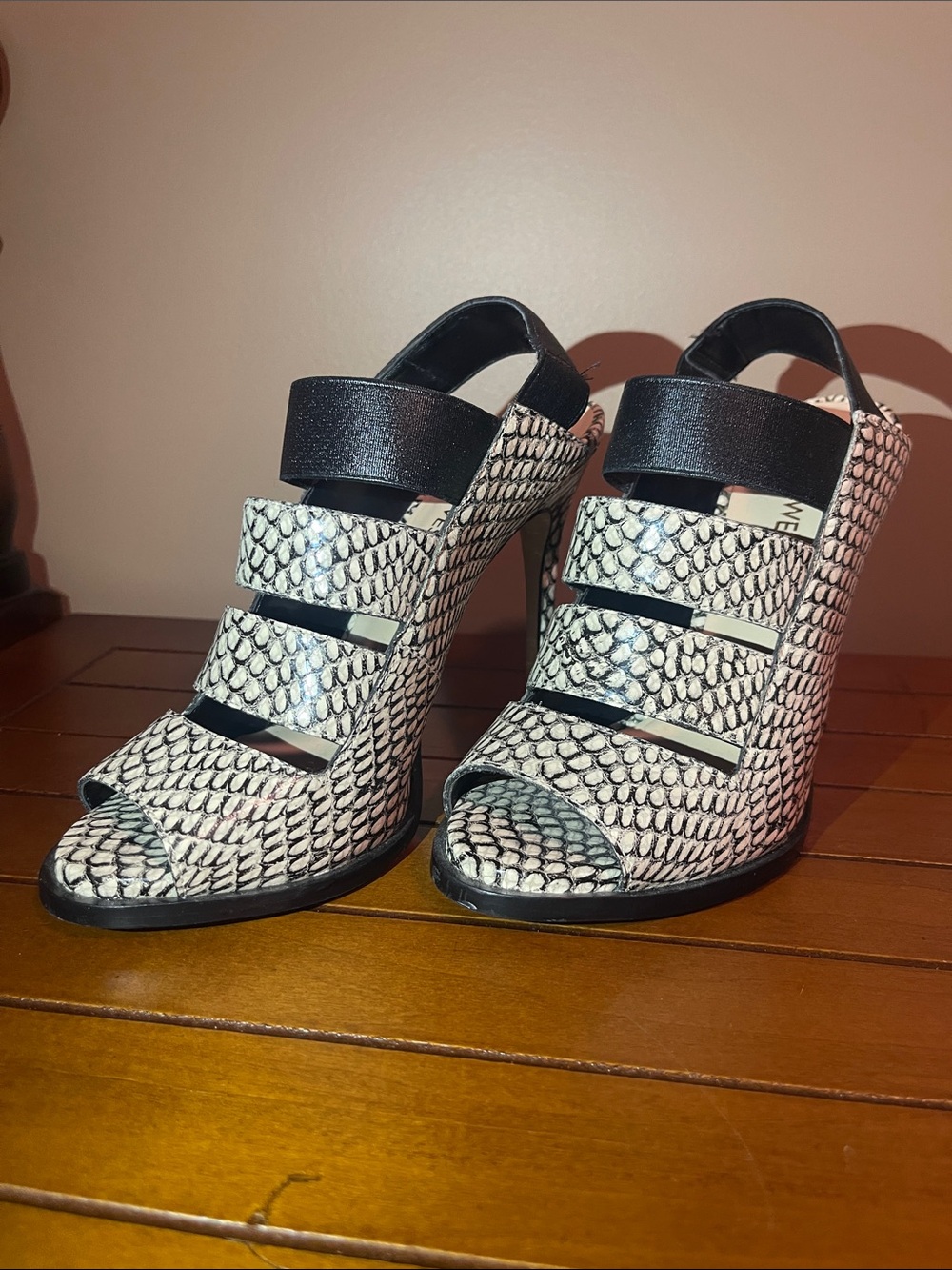 Nine West Black and White Textured Strappy Wedge Sandals